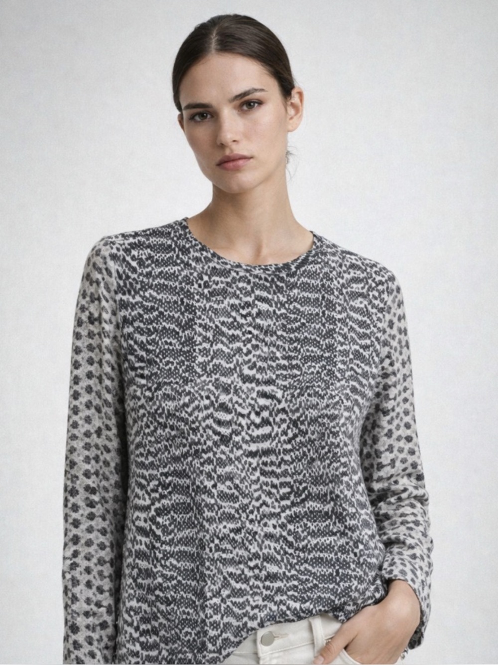 Equipment Silk Round Neckline Long Sleeve Blouse in Reptile Print Black